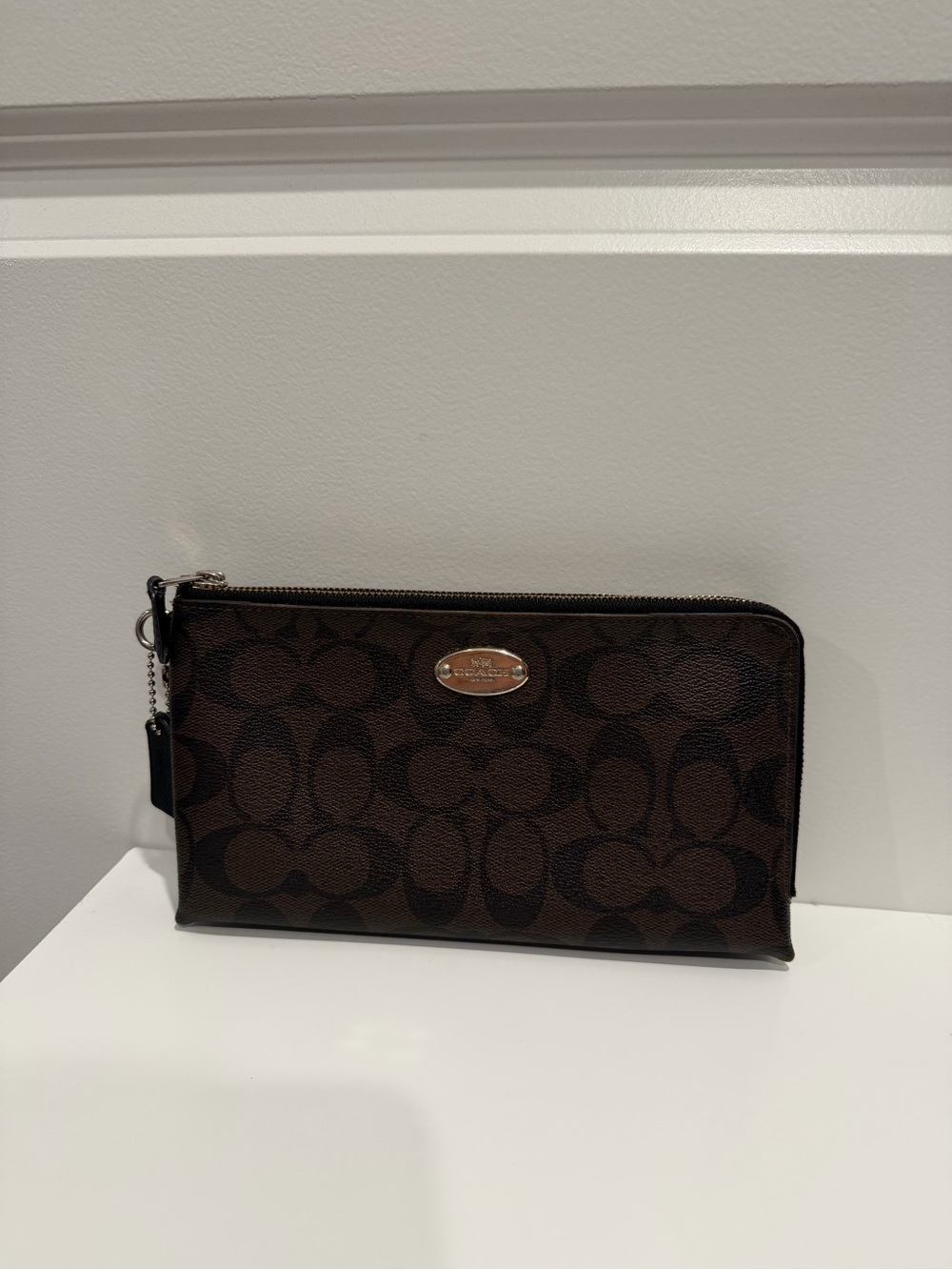 Coach Brown Signature Monogram Large Double Zip Wristlet